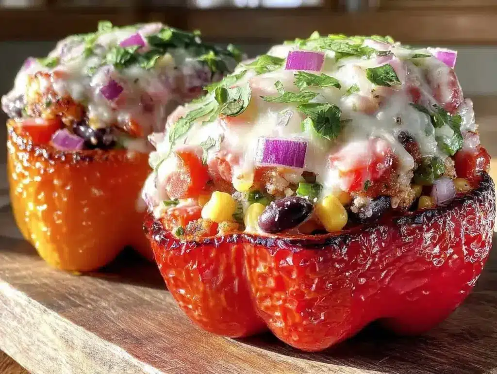 cheesy cowboy caviar stuffed bell peppers - featured image