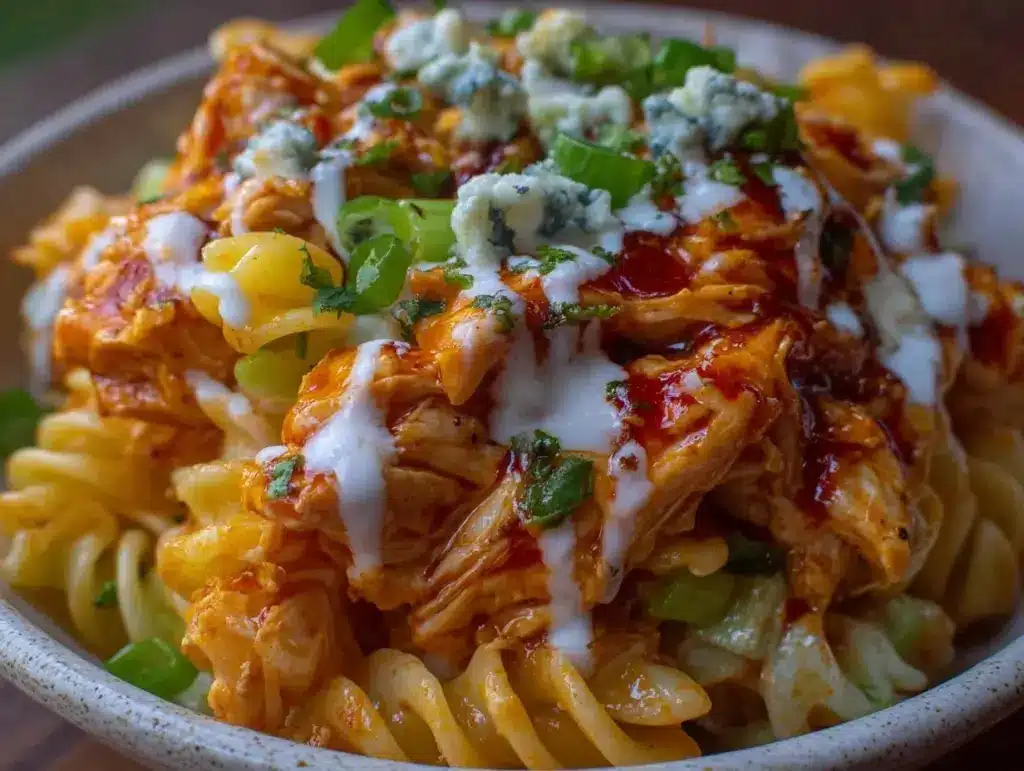 creamy crockpot buffalo chicken pasta salad - featured image