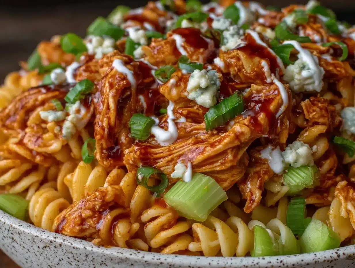 creamy crockpot buffalo chicken pasta salad preparation steps