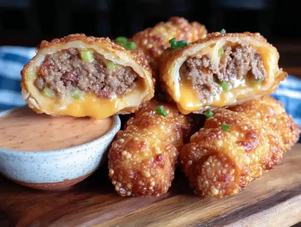 crispy cheeseburger egg rolls - featured image