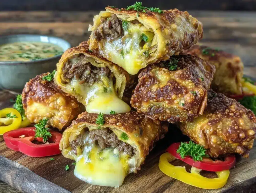 crispy philly cheesesteak egg rolls - featured image