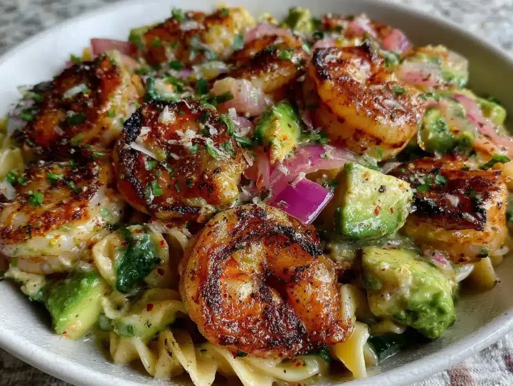 fresh shrimp avocado pasta salad - featured image