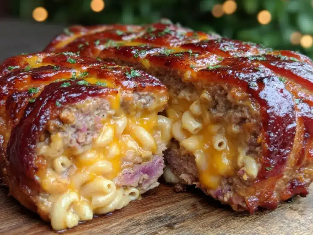 meatloaf stuffed with mac and cheese and bacon weave - featured image