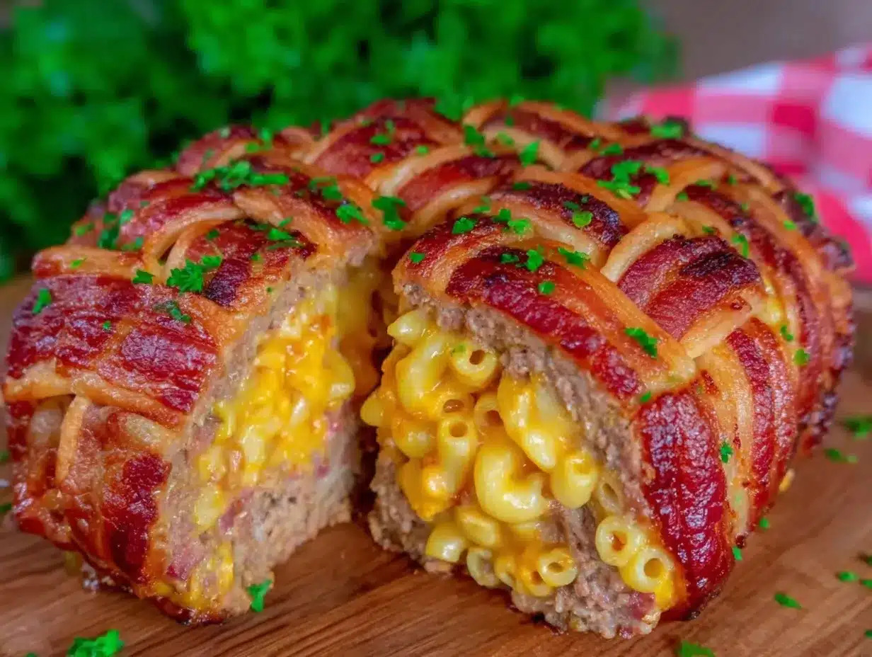 meatloaf stuffed with mac and cheese and bacon weave preparation steps