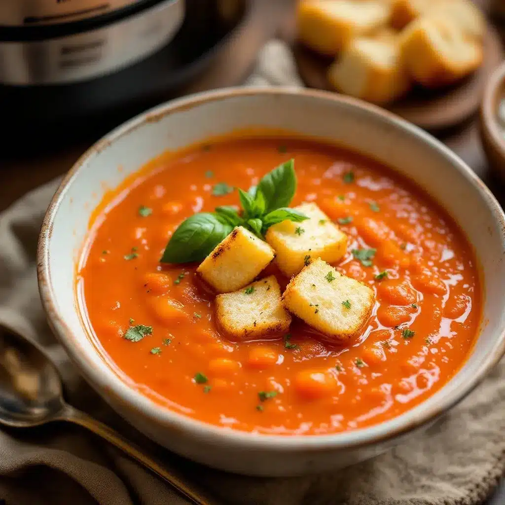 creamy tomato basil soup with crispy grilled cheese croutons preparation steps
