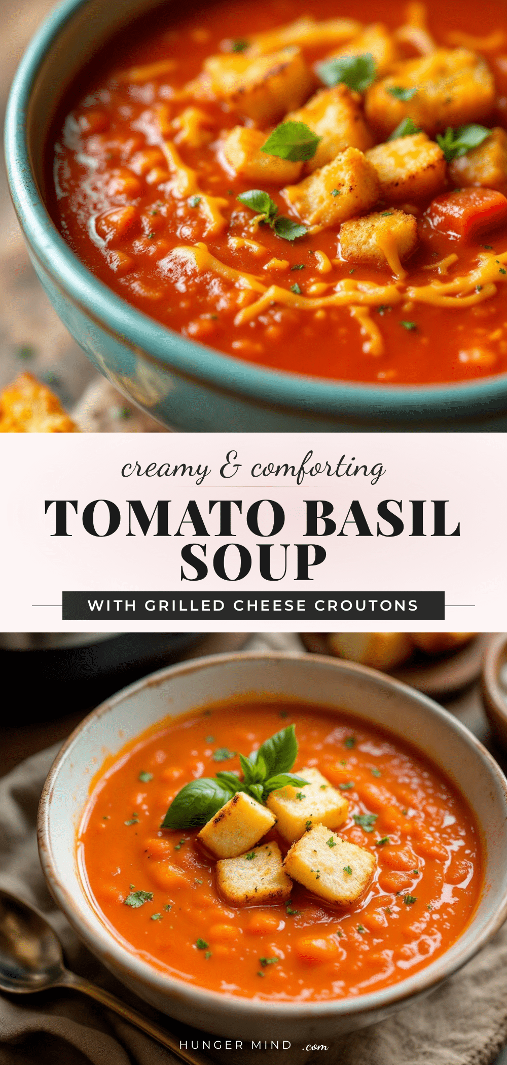 creamy tomato basil soup with crispy grilled cheese croutons recipe