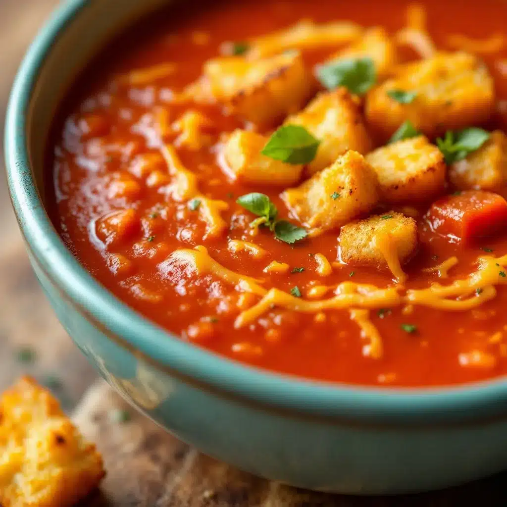 creamy tomato basil soup with crispy grilled cheese croutons - featured image